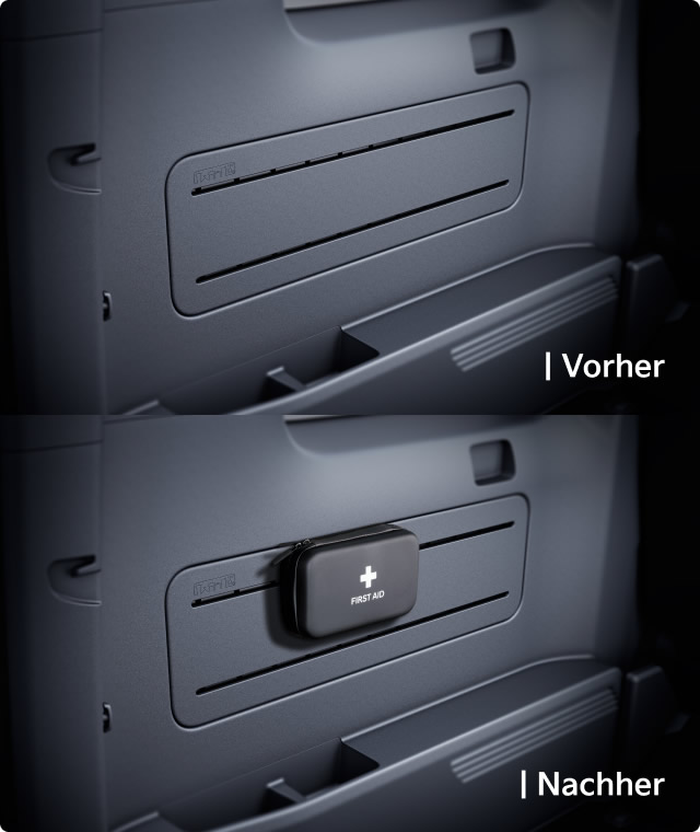 Armaturenbrett mit AddGear und Notfallset Dargestellt mit und ohne montiertes Erste-Hilfe-Set.